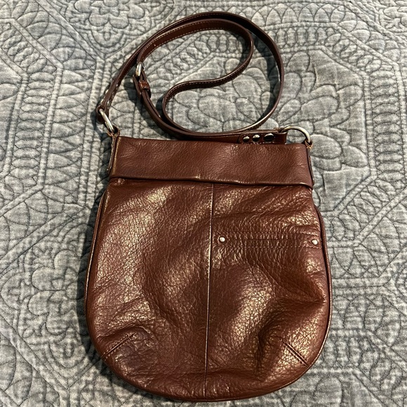 B. Makowski Genuine Brown Leather Silver Studded Crossbody Bag. - Picture 3 of 13